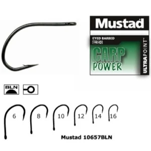 Carlige MUSTAD Ultrapoint Carp Power 10657BLN, Eyed Barbed, Nr.8, 10buc/pac