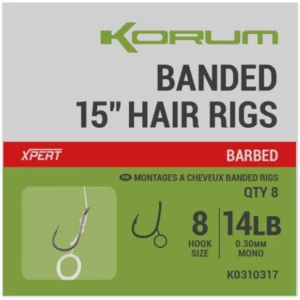 Carlige Legate KORUM Banded Hair Rigs, 38cm, 8lbs, Nr.14, 8buc/pac Carlige Legate KORUM Banded Hair Rigs, 38cm, 8lbs, Nr.14, 8buc/pac