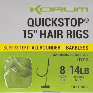 Carlige Legate KORUM Big Fish Hair Rigs with Quickstop 38cm, Nr.14 Barbless, 8buc/pac