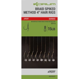 Carlige Legate KORUM Power Braid Spiked Method Hair Rigs Barbed, 15lbs, Nr.10, 11cm, 8buc/pac