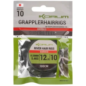 Carlige Legate KORUM River Grappler Hair Rigs M1 Barbed, Nr.12, 100cm, 5buc/pac