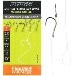 Carlige Legate cu Spin Momeala NEVIS Method Feeder Bait Spike Monofil Line Rig, Nr.8, 8.5cm, 5buc/pac