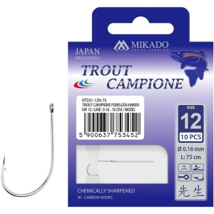 Carlige Legate Mikado Trout Campione, 150cm, Nr.2, 0.25mm, 10buc/pac Carlige Legate Mikado Trout Campione, 150cm, Nr.2, 0.25mm, 10buc/pac