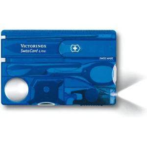 Trusa Multifuncionala Victorinox Swiss Card Lite, Swiss Made Pocket Tool, 13 Functions, LED, Magnifier, Blue Transparent